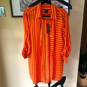NWT Tahari Orange Striped Button Down/Swimsuit Coverup Sz M